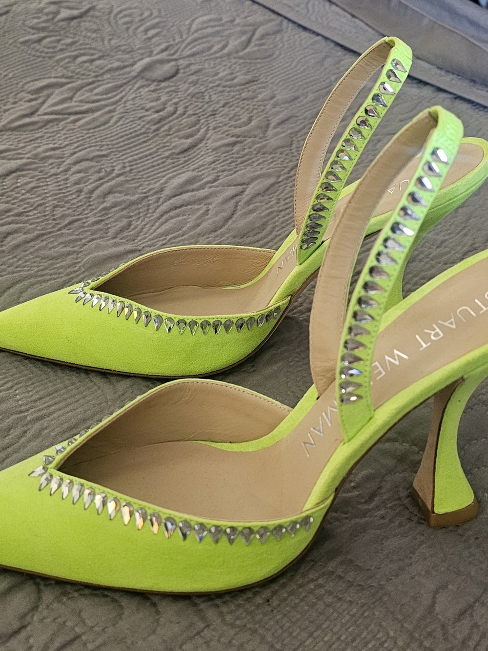 Stuart Weitzman Neon Lime Studded Slingback Pumps